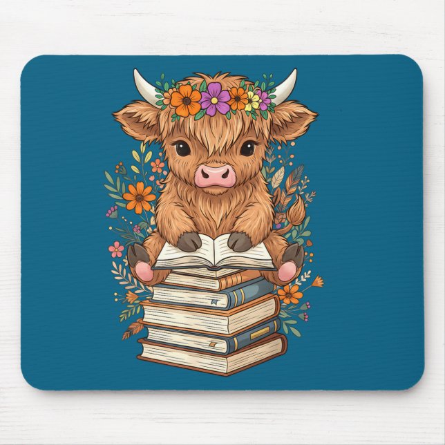 Cute Baby Highland Cow Reading Book Librarian Book Mouse Pad (Front)
