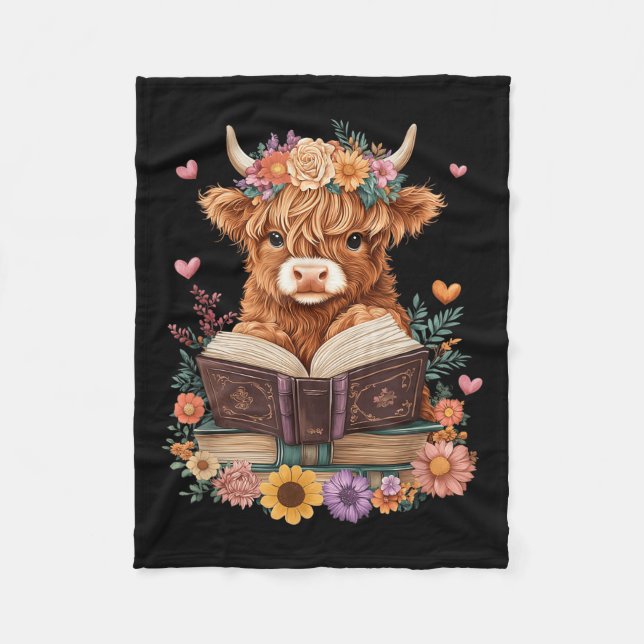 Cute Baby Highland Cow Reading Book Lover Bookworm Fleece Blanket (Front)