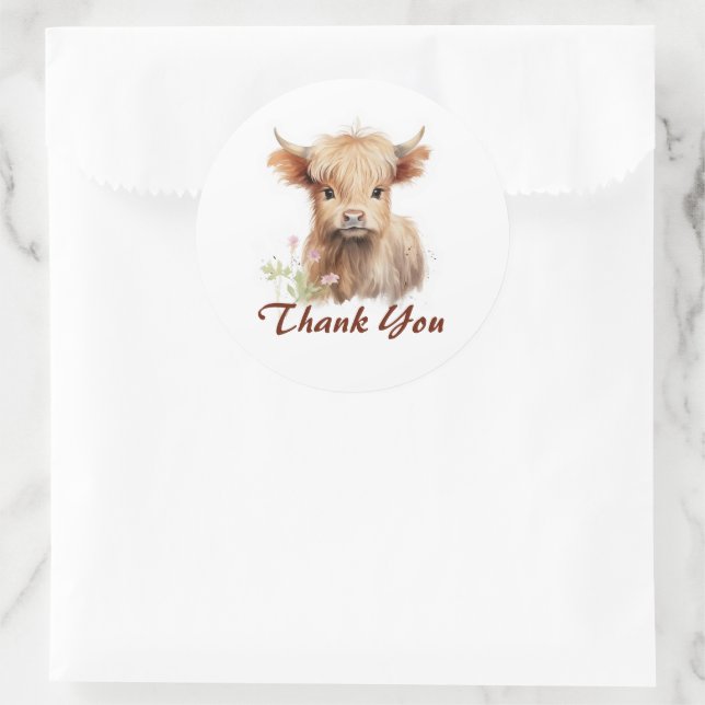 Cute Baby Highland Cow Spring Flowers Personalized Classic Round Sticker (Bag)