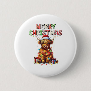 Cute Baby Highland Cow With Christmas Lights  2 Inch Round Button