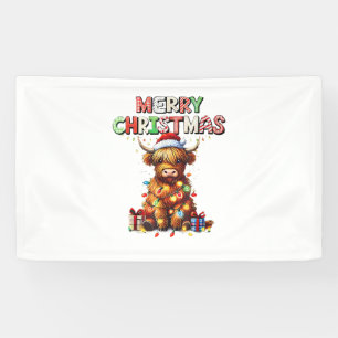 Cute Baby Highland Cow With Christmas Lights Banner
