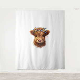 Cute Baby Highland Cow With Crown Of Flowers Calf  Tapestry