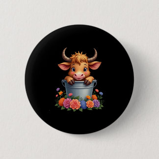 Cute Baby Highland Cow With flowers Calf Animal co 2 Inch Round Button