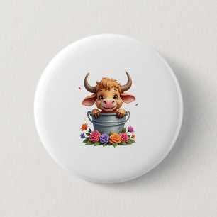 Cute Baby Highland Cow With flowers Calf Animal co 2 Inch Round Button