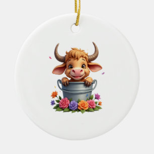 Cute Baby Highland Cow With flowers Calf Animal co Ceramic Ornament