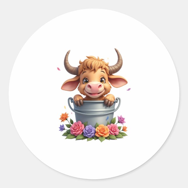 Cute Baby Highland Cow With flowers Calf Animal co Classic Round Sticker (Front)