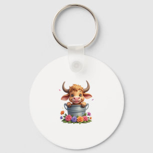 Cute Baby Highland Cow With flowers Calf Animal co Keychain