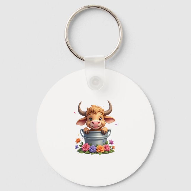 Cute Baby Highland Cow With flowers Calf Animal co Keychain (Front)