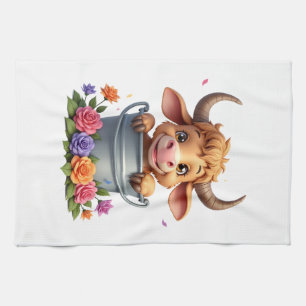 Cute Baby Highland Cow With flowers Calf Animal co Kitchen Towel