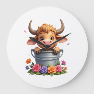 Cute Baby Highland Cow With flowers Calf Animal co Large Clock