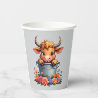 Cute Baby Highland Cow With flowers Calf Animal co Paper Cups