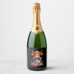 Cute Baby Highland Cow With flowers Calf Animal co Sparkling Wine Label