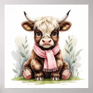 Cute Baby Highland Cow with Flowers – Farm Nursery Poster