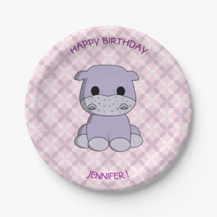 Cute baby hippo cartoon birthday girls paper plate