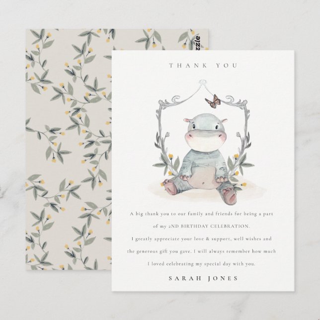 Cute Baby Hippo Foliage Any Age Birthday Thank You Postcard (Front/Back)