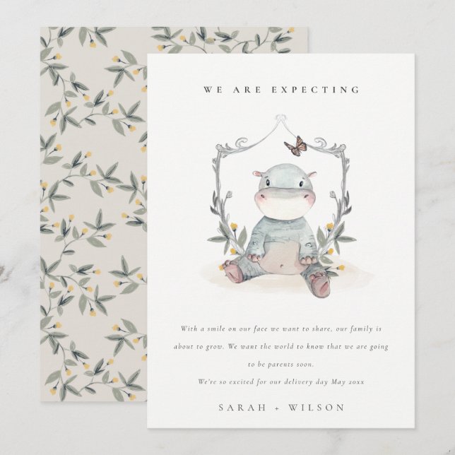 Cute Baby Hippo Foliage Balloon Baby Announcement  (Front/Back)