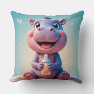Cute Baby Hippo Holding Bottle Nursery Style 🦛 Throw Pillow