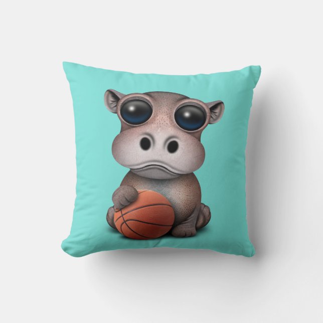 Cute Baby Hippo Playing With Basketball Throw Pillow (Front)