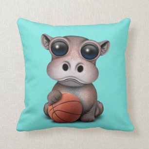 Cute Baby Hippo Playing With Basketball Throw Pillow