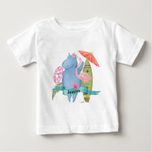 Cute Baby Hippo with Flamingo Custom Name  Baby T-Shirt