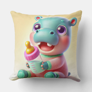 Cute Baby Hippo With Milk Bottle Nursery 🦛 Throw Pillow