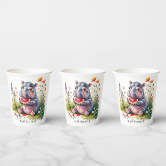 Cute Baby Hippopotamus Watermelon Baby Shower Paper Cups
