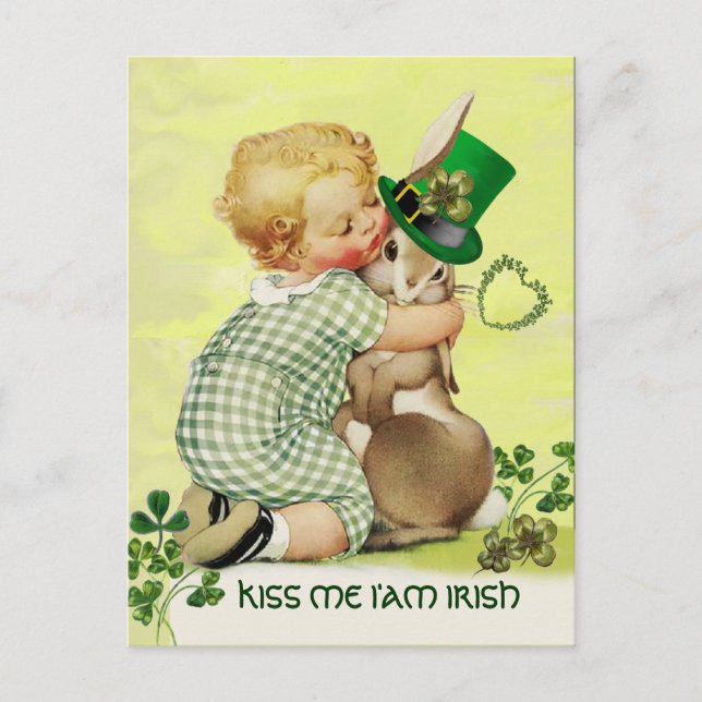CUTE BABY HUGGING RABBIT  Irish St. Patrick's Day Postcard (Front)
