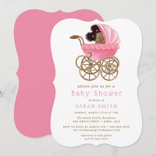 Cute Baby in Stroller Pram Pink Baby Shower Invitation (Front/Back)