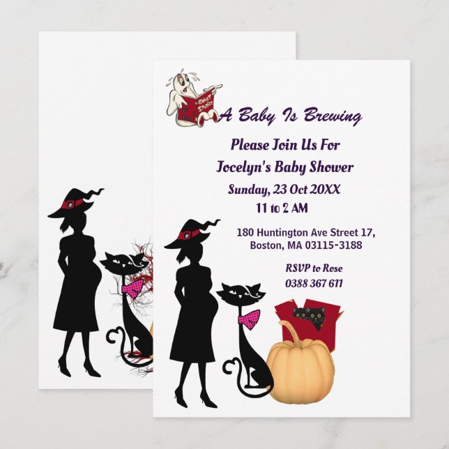 Cute Baby is Brewing Witch Cat Ghost Baby Shower Invitation (Front/Back)