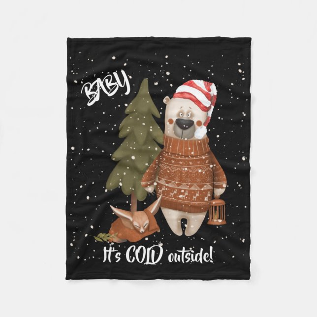 Cute Baby Its Cold Outside Bear And Fox T Shirt  Fleece Blanket (Front)