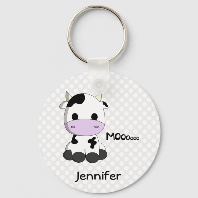 Cute baby kawaii cow cartoon with name kids keychain (Front)