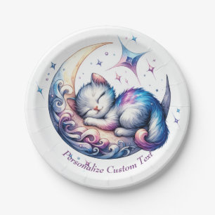 Cute Baby Kitten Sleeping on the Moon Paper Plate