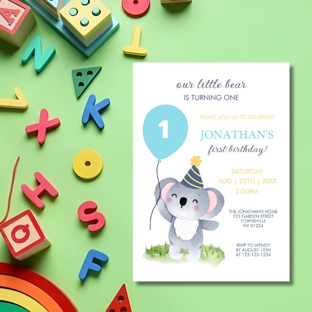 Cute Baby Koala Balloon Party Hat Birthday Invitation (Creator Uploaded)