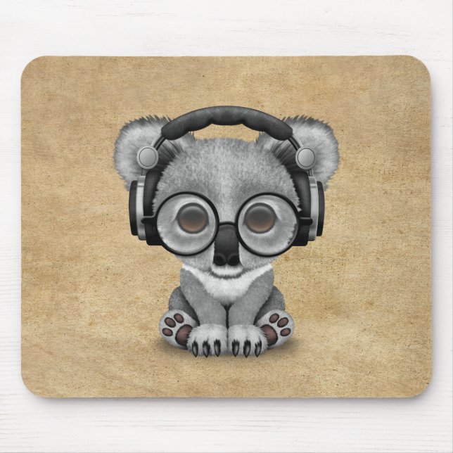 Cute Baby Koala Bear Dj Wearing Headphones Mouse Pad (Front)