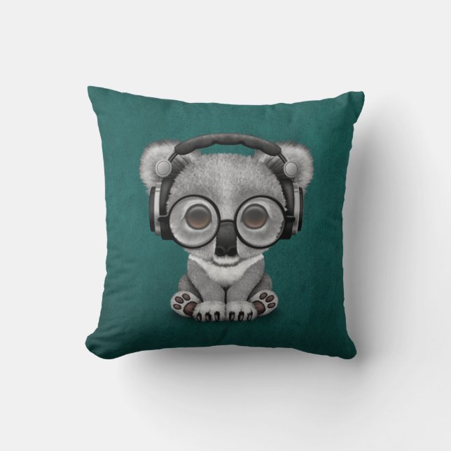 Cute Baby Koala Bear Dj Wearing Headphones on Blue Throw Pillow (Front)