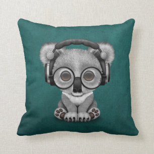 Cute Baby Koala Bear Dj Wearing Headphones on Blue Throw Pillow