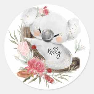 Cute Baby Koala Gold Speckle Custom Name    Classic Round Sticker