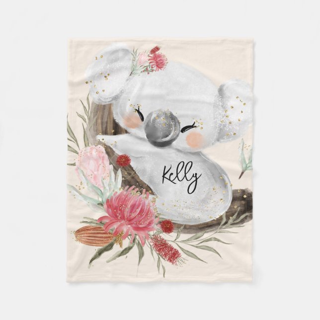 Cute Baby Koala Gold Speckle Custom Name     Fleece Blanket (Front)