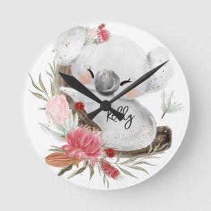 Cute Baby Koala Gold Speckle Custom Name   Round Clock