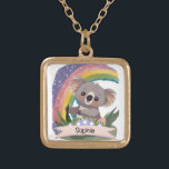 Cute Baby Koala Rainbow Custom Name Gold Plated Necklace<br><div class="desc">This delightful design features an adorable baby koala amidst a vibrant rainbow backdrop, creating a whimsical and heartwarming atmosphere. Perfect for nurseries, playrooms, or any space where you want to infuse a sense of wonder. The joyful and diverse colour palette not only adds a burst of happiness but also symbolizes...</div>