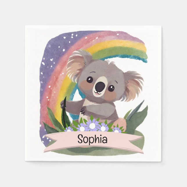 Cute Baby Koala Rainbow Custom Name Napkin (Front)