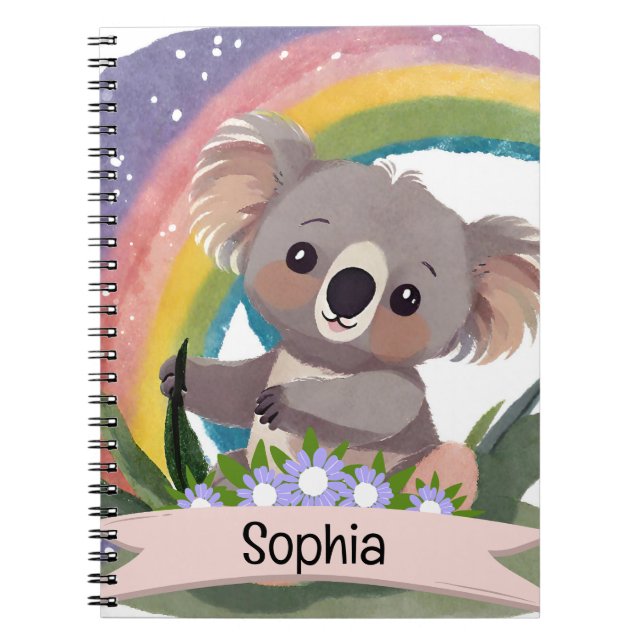 Cute Baby Koala Rainbow Custom Name Notebook (Front)