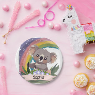 Cute Baby Koala Rainbow Custom Name Paper Plate