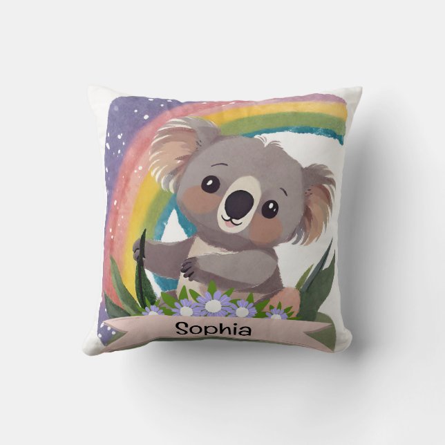 Cute Baby Koala Rainbow Custom Name Throw Pillow (Back)
