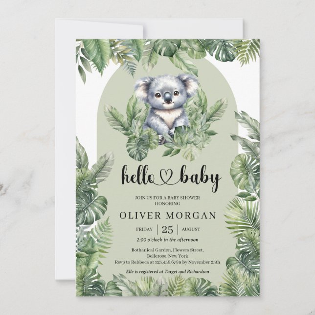 Cute baby koala Watercolor tropical greenery  Invitation (Front)