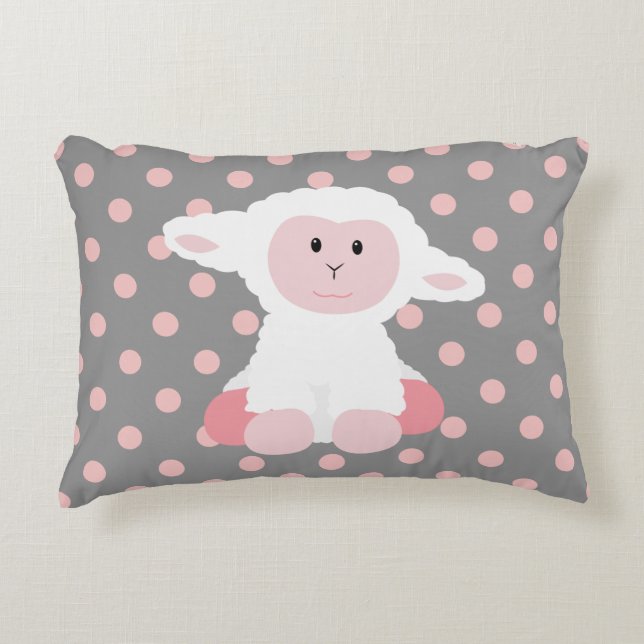 Cute Baby Lamb and Polka Dots Decorative Pillow (Front)