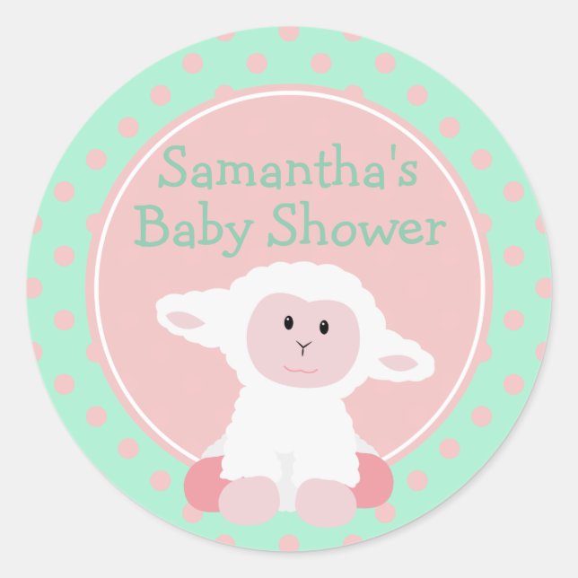 Cute Baby Lamb and Polka Dots Personalized Classic Round Sticker (Front)