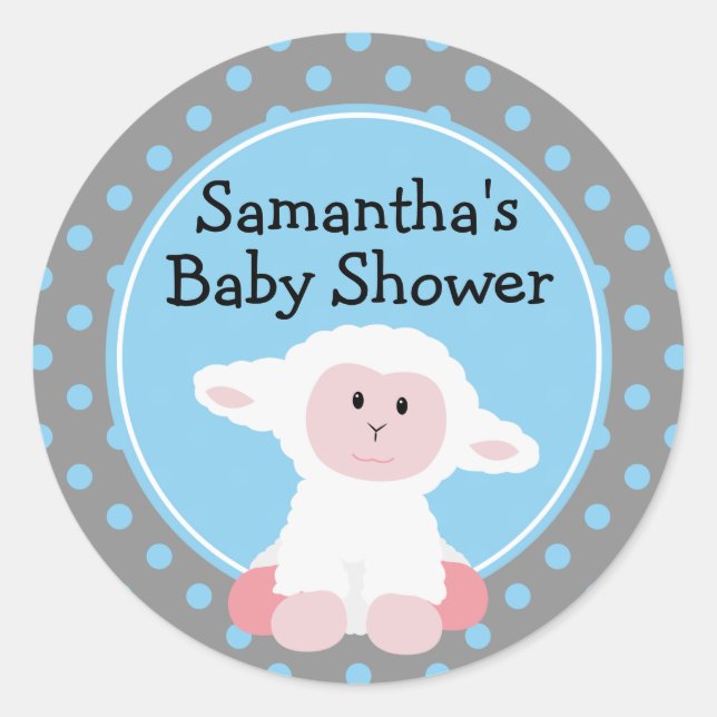 Cute Baby Lamb and Polka Dots Personalized Classic Round Sticker (Front)