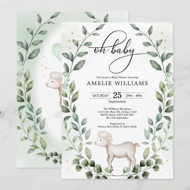 Cute Baby Lamb Greenery Wreath Neutral Shower Invitation (Front/Back)
