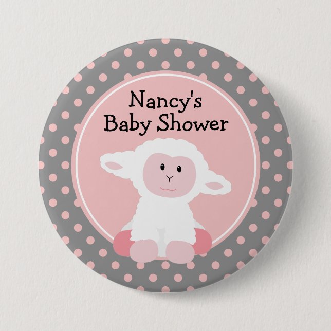Cute Baby Lamb with Polka Dots Baby Shower 3 Inch Round Button (Front)